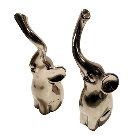 Silver Elephant Figures with Intertwined Trunks, Ceramic Set of 2, Chrome Decor - Picture 14 of 16